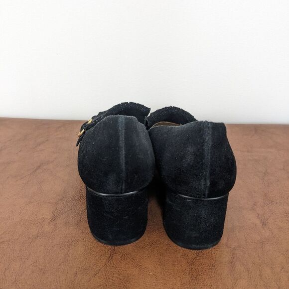 Marc Fisher Mabel Fringe Black Suede Leather Gold Buckle Block Heel Loafer Shoes - Picture 3 of 5